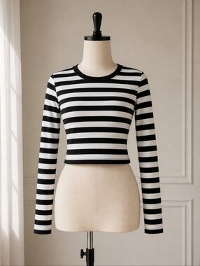 Zara Black and White Striped Long-Sleeve Crop Top